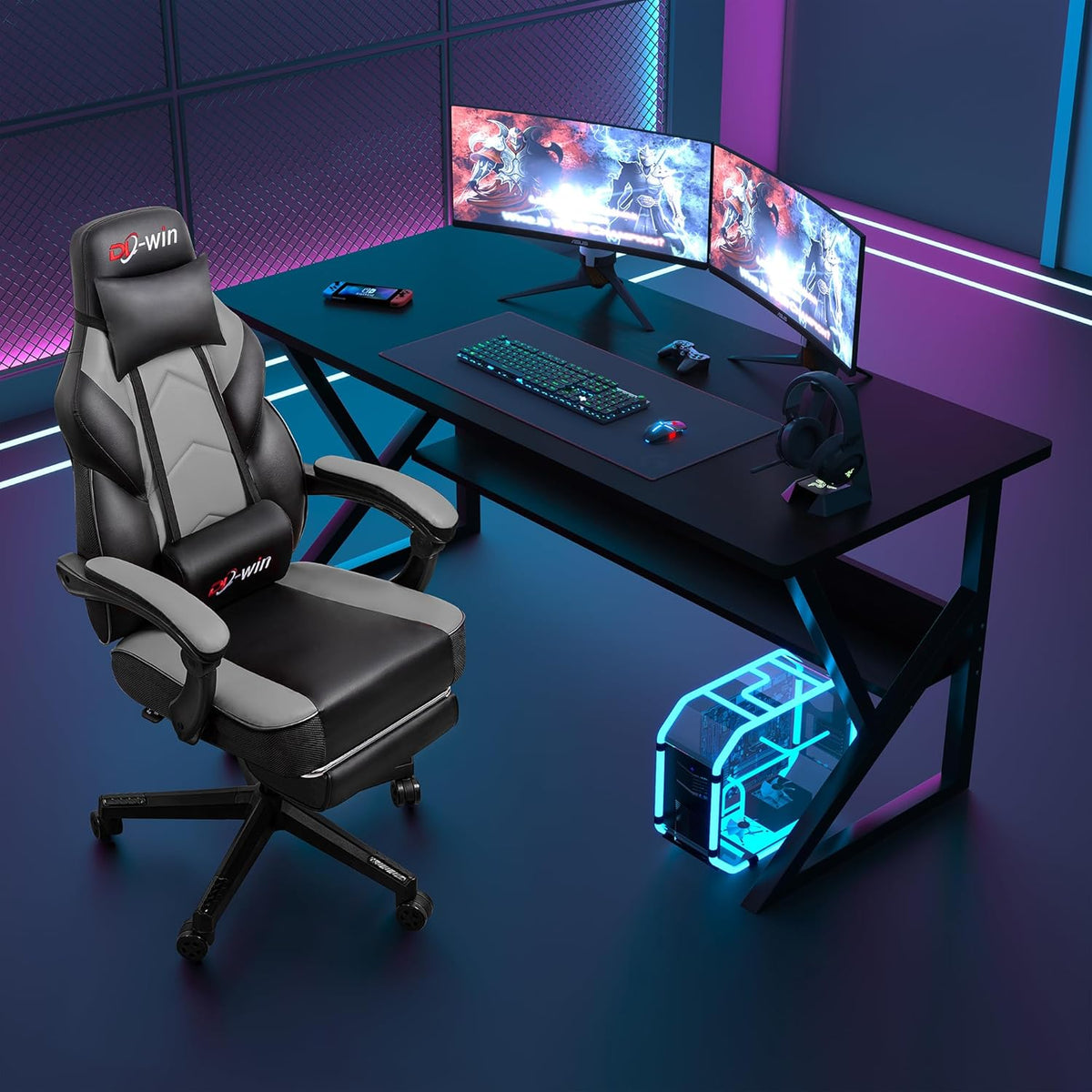 DL-win Gaming Chairs for Adults, Computer Chair with Footrest and High Back, Big and Tall Gamer Chair's with Massage Lumbar Support, 360° Swivel Height Adjustable Gaming Chair, Grey