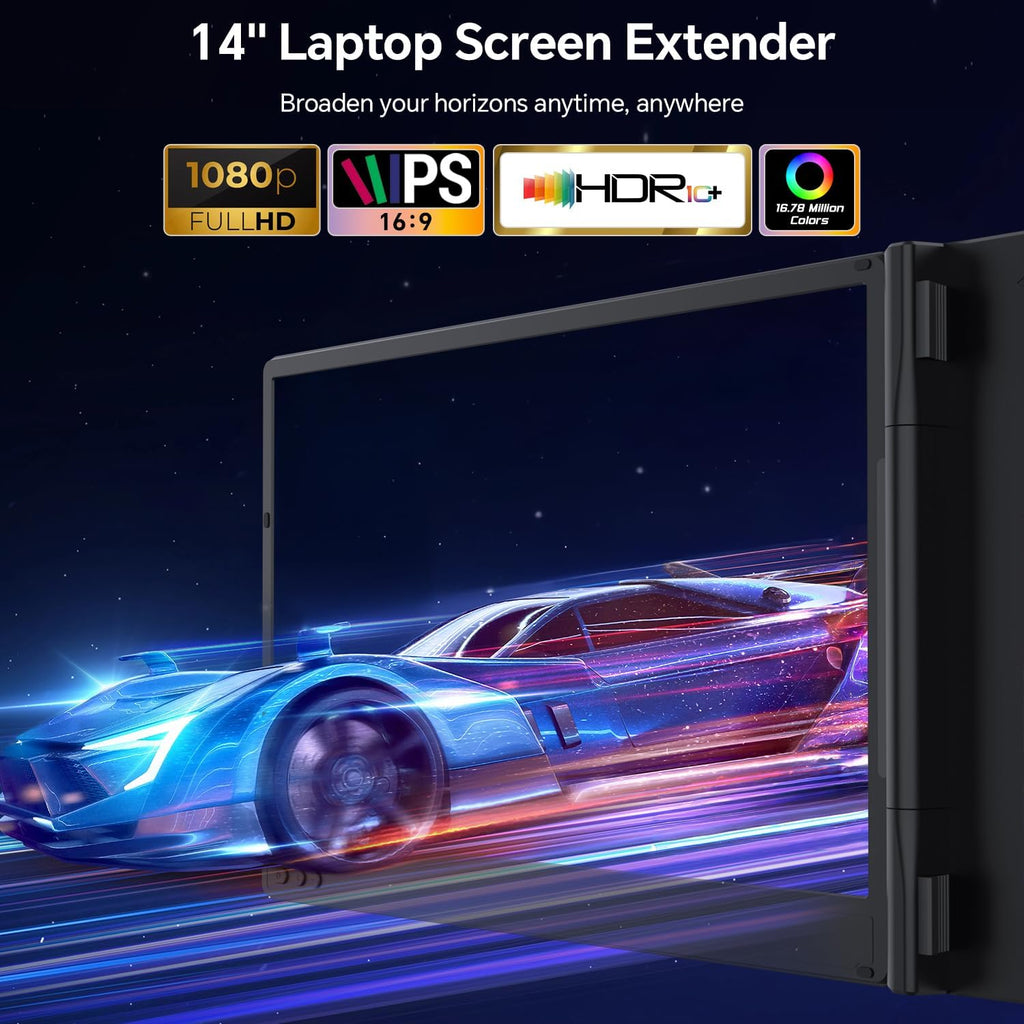 Laptop Screen Extender, 14'' FHD 1080P IPS Portable Monitor for Laptop, Triple Screen Extender Monitor Plug-Play for Mac/Windows/Chrome, Fit 13”-17.3” Laptops