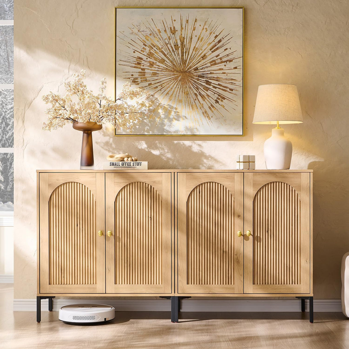 IFGET Modern Buffet Cabinet with Storage, 61.75" W Fluted Arched Sideboard Cabinet w/Adjustable Shelves, Wooden Modular Coffee Bar for Dining Room, Kitchen, Living Room, Entryway, Natural