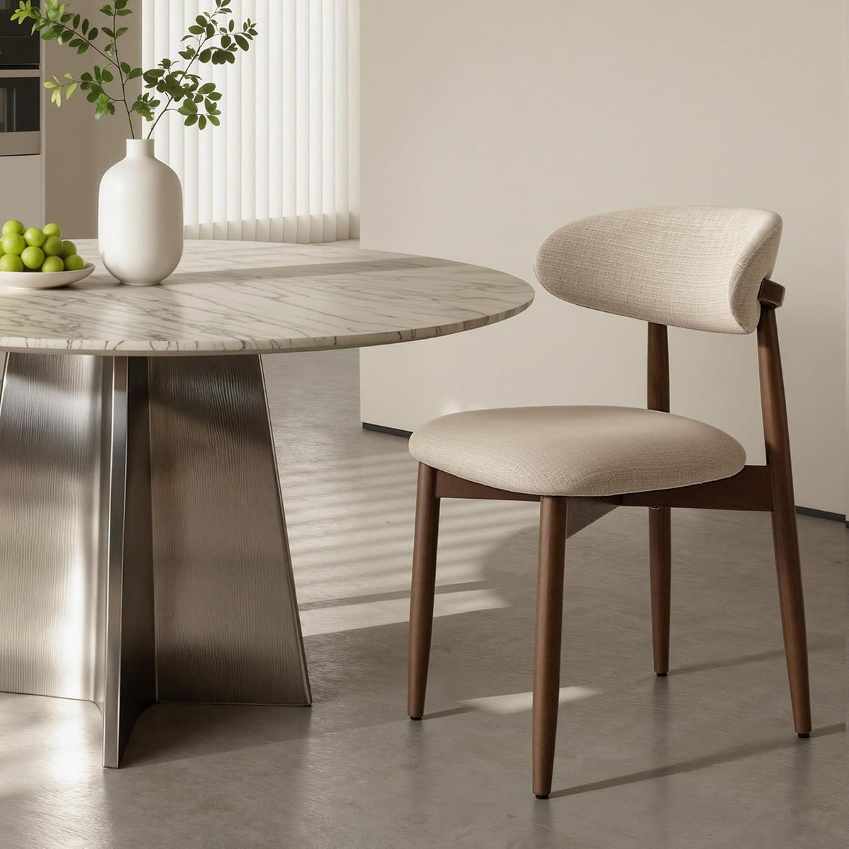 COLAMY Mid-Century Modern Wooden Dining Chair Set of 6, Indoor Upholstered Kitchen Chairs with 2.6" Cozy Padded Seat, Walnut Finish Side Dining Chair for Dining Room & Kitchen, Beige
