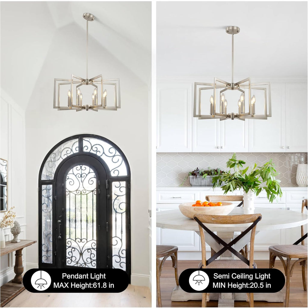 Sigaitwei 8-Light Large Brushed Nickel Chandeliers for Dining Room .Modern Industrial Pendant Lights Kitchen Island .Farmhouse Entryway Light Fixtures .Metal Geometric Chandelier for Living Room