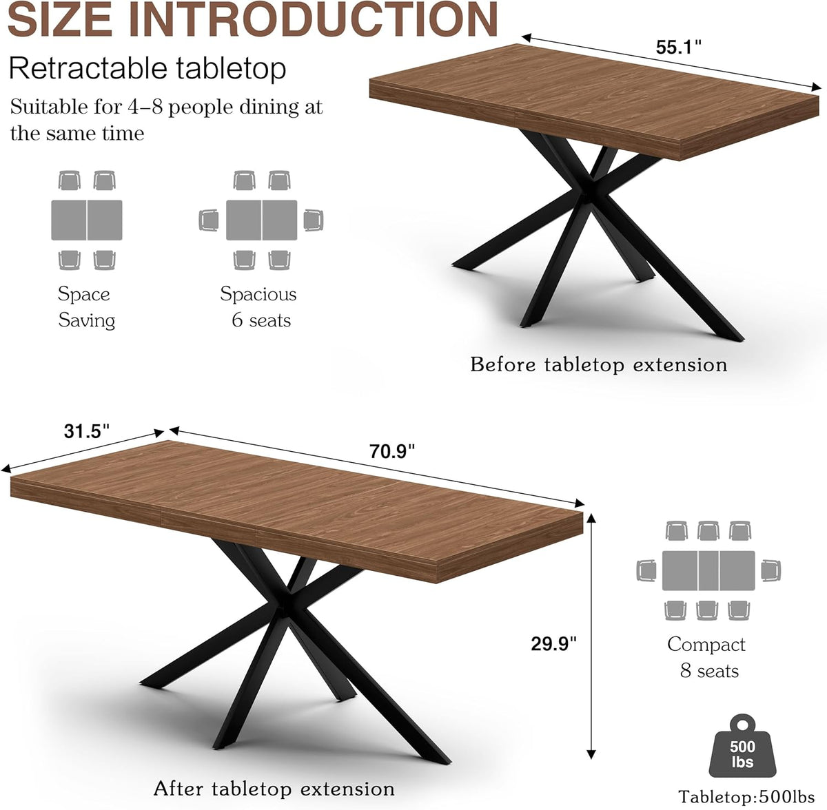 Extendable Dining Room Table for 4 6 8, 55"-70.9" Long Rectangle Kitchen Table,Wood Expandable Dining Table with Hidden Leaf & Storage, Space Saving, For Kitchen Dining Living Room, Farmhouse, Walnut