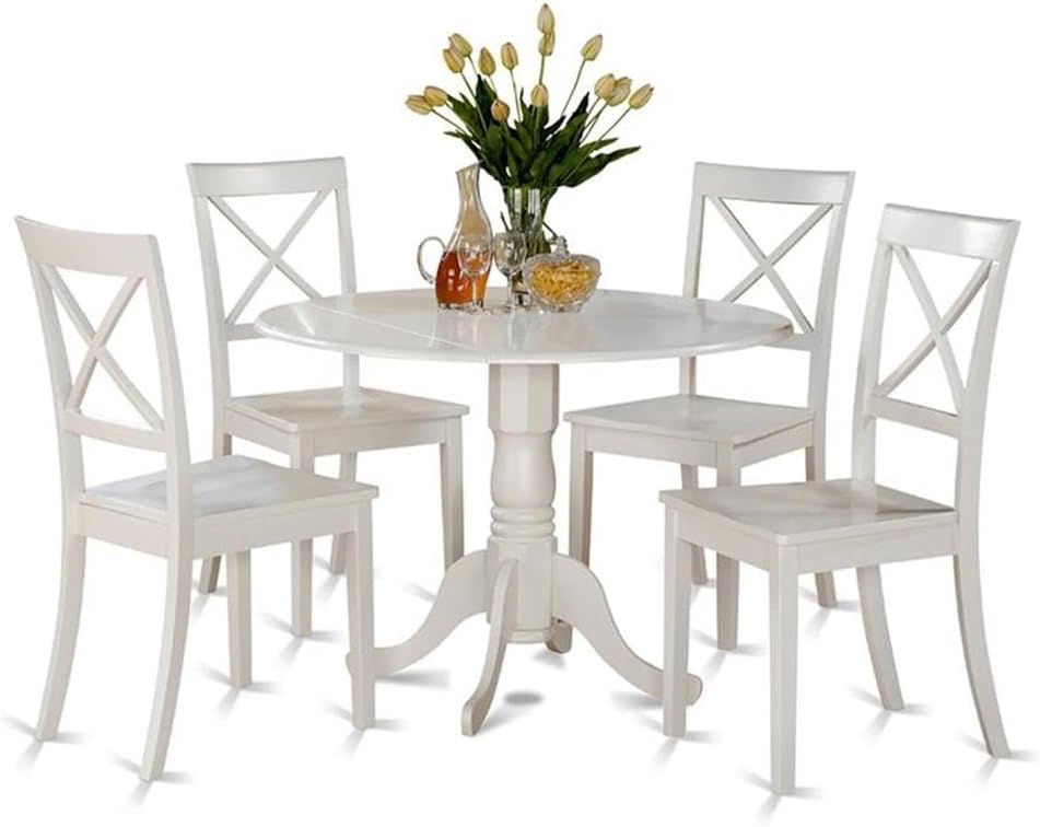 East West Furniture DLBO5-WHI-W 5 Piece Kitchen Table Set for 4 Includes a Round Dining Room Table with Dropleaf and 4 Solid Wood Seat Chairs, 42x42 Inch, Linen White