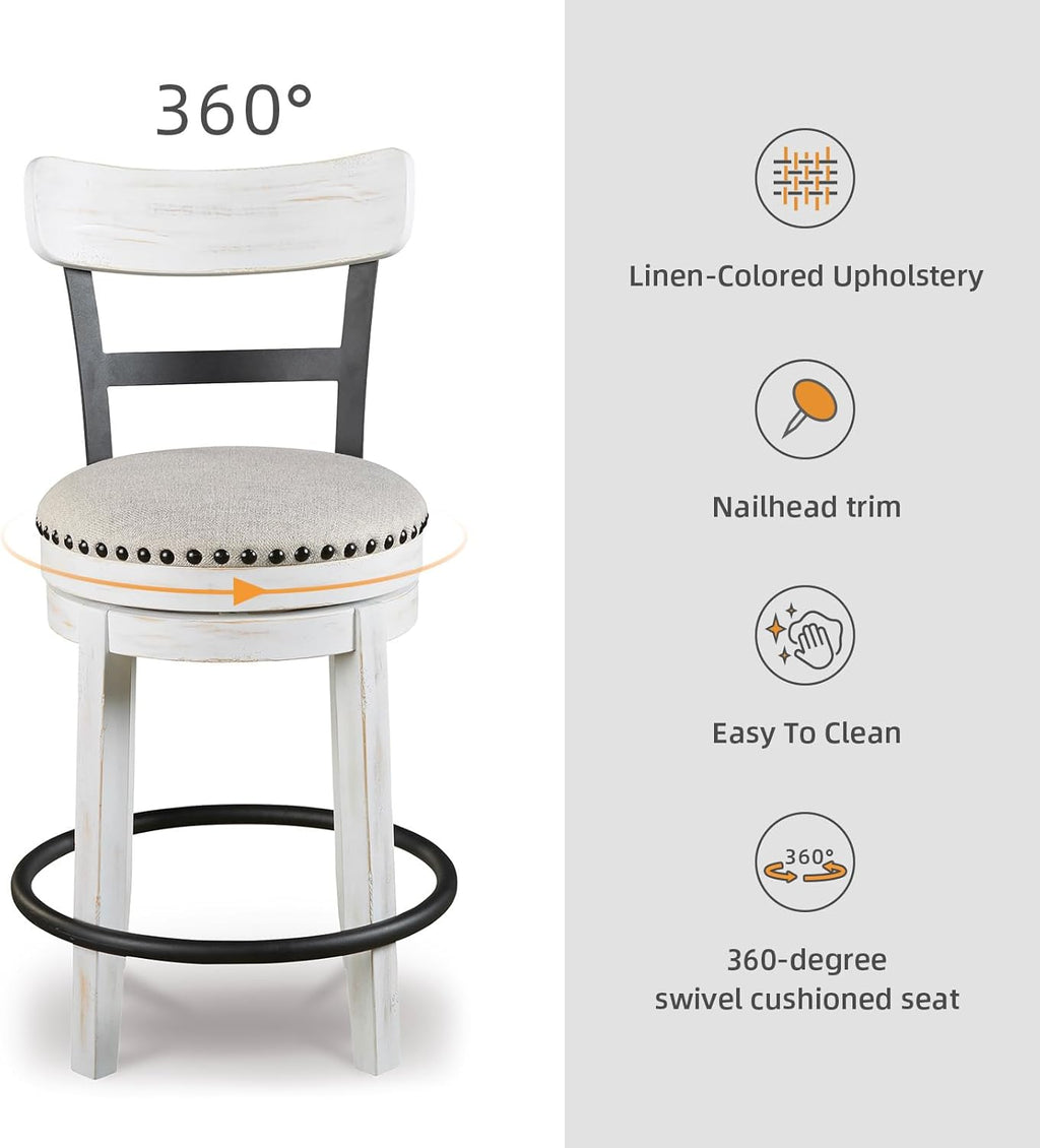 Signature Design by Ashley Valebeck Barstool, Rustic-Industrial Counter Height Chair, 360° Swivel, Wood & Metal Frame, Cushioned Seat, Ideal for Kitchen Island with Seating, Vintage White