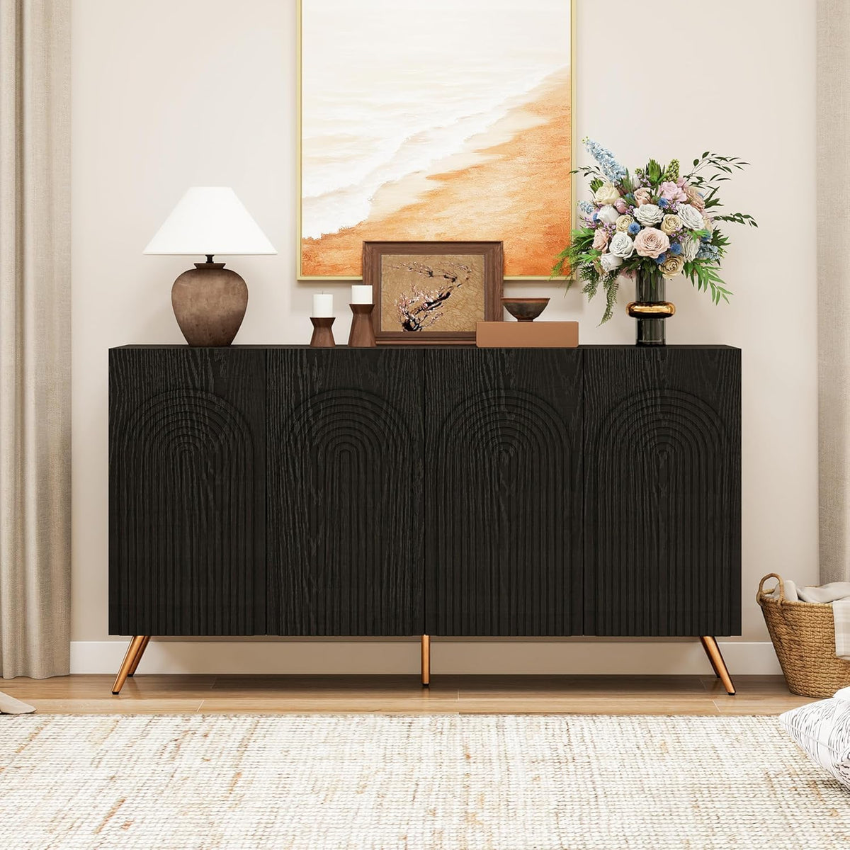 59" Black Arched Sideboard Buffet Cabinet with Adjustable Shelves, Modern Storage Cabinet with Arched 3D Carved Wood Doors, Credenza Accent Cabinet for Living Room, Dining Room, Entryway