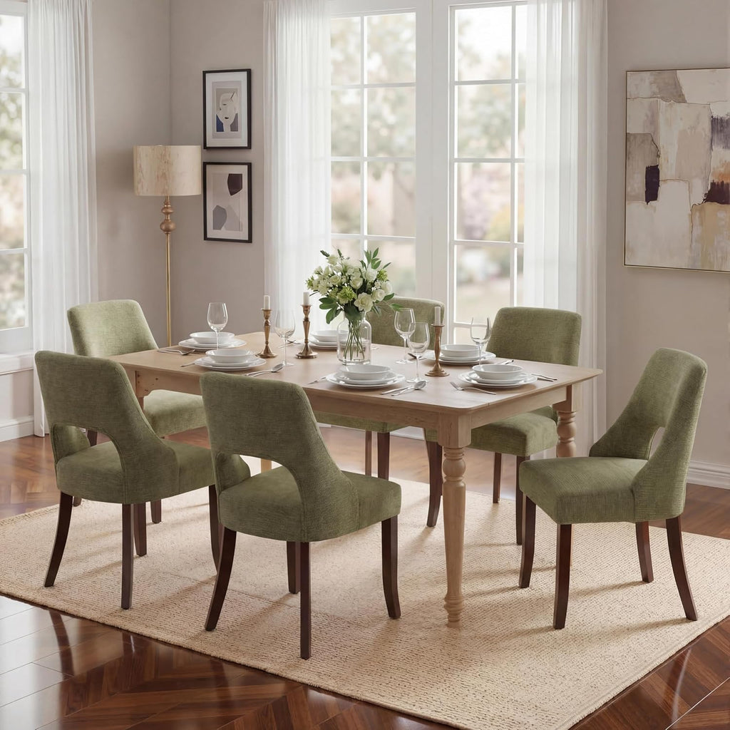 UVV Wooden Dining Chairs Set of 4, Mid Century Modern Chenille Upholstered Dining Room Chair Kitchen Chairs, Farmhouse Dinner Chair with Solid Wood Legs for Kitchen Dining Room, Green