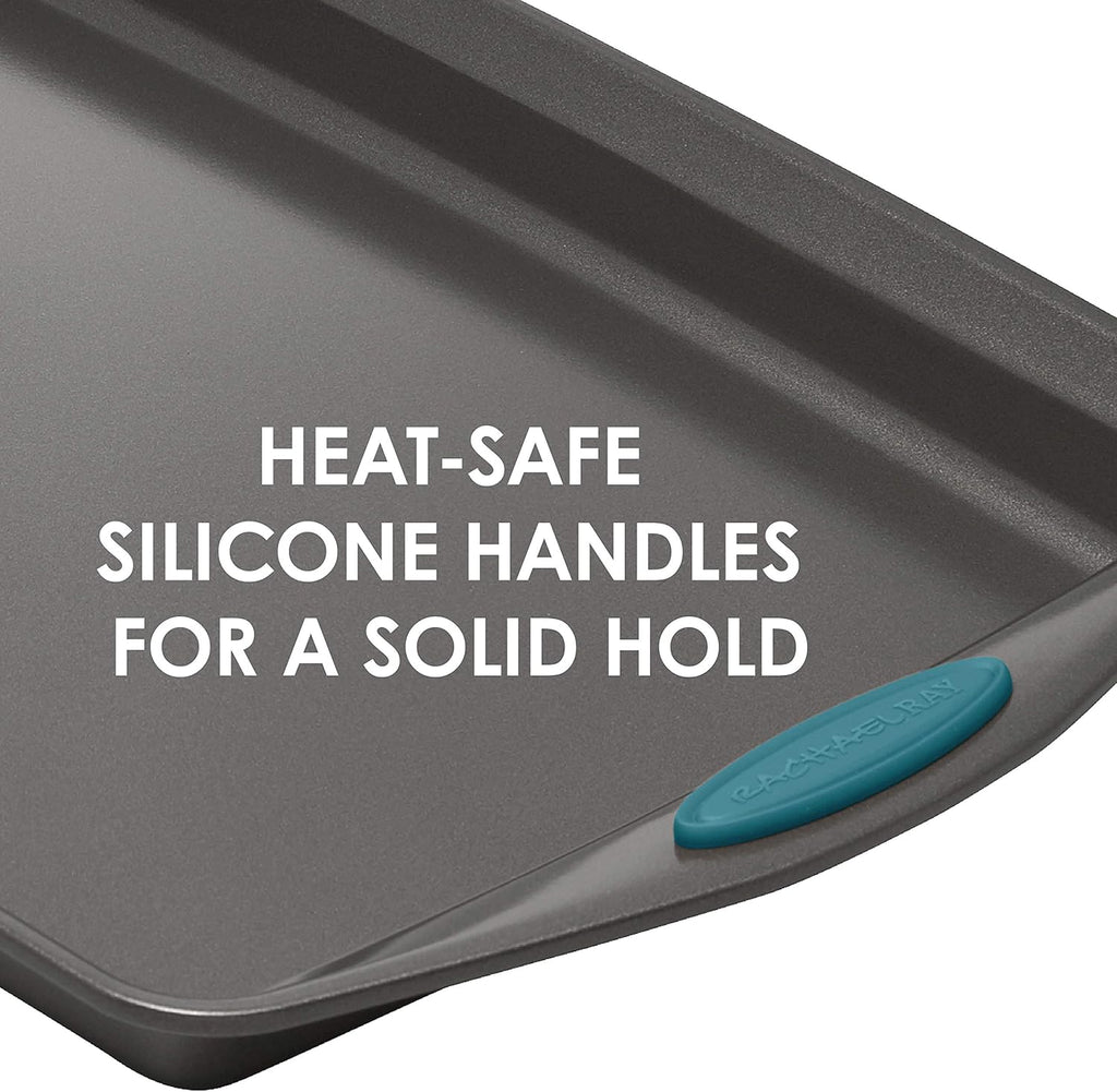 Rachael Ray Nonstick Bakeware Set with Grips includes Nonstick Bread / Baking Pans, Cookie / Baking Sheet and Cake Pans - 10 Piece, Gray with marine blue grips