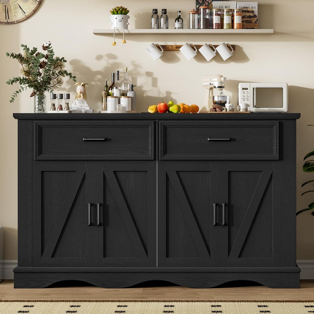 56" Large Wooden Buffet Cabinet with Storage, Modern Coffee Bar and Wine Bar, Wave Base Design, Multi-Purpose Buffet Table with Charging Station for Dining Room, Kitchen or Living Room, Black