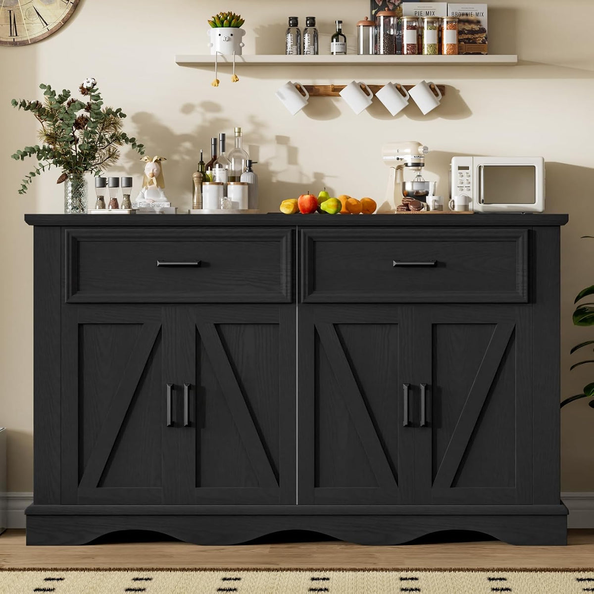 56" Large Wooden Buffet Cabinet with Storage, Modern Coffee Bar and Wine Bar, Wave Base Design, Multi-Purpose Buffet Table with Charging Station for Dining Room, Kitchen or Living Room, Black