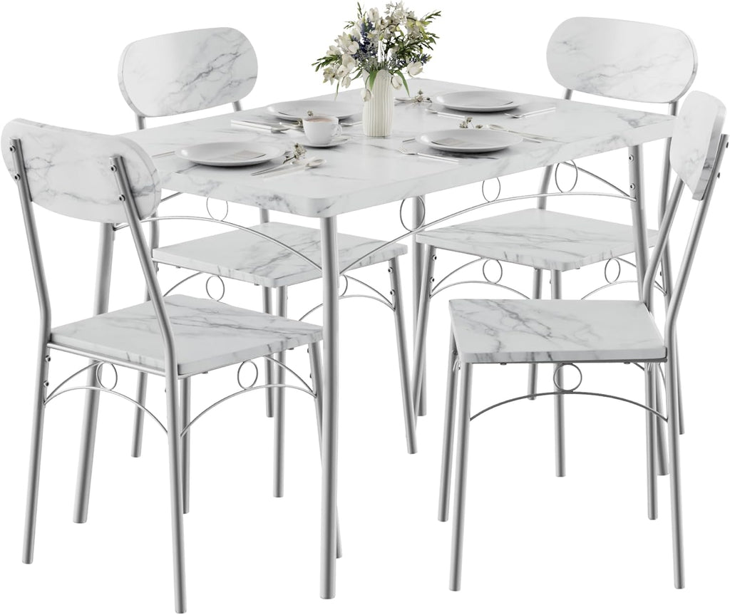 VECELO Dining Table Set for 4, 5-Piece Kitchen Table with 4 Chairs, MDF Board Tabletop with Metal Frame for Small Space, Compact Dinette, Breakfast Nook, Marble White