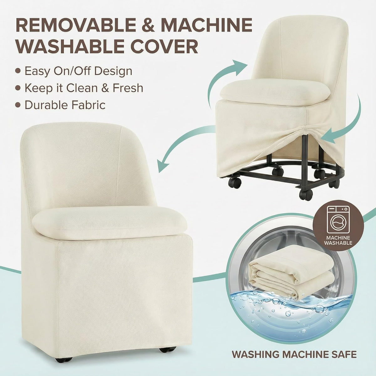 KISLOT Upholstered Dining Chairs Set of 4 with Hidden Casters, Modern Kitchen Chairs with Removable Washable Cover, Padded Dining Room Chairs with Chenille Velvet Fabric & Metal Frame, Beige