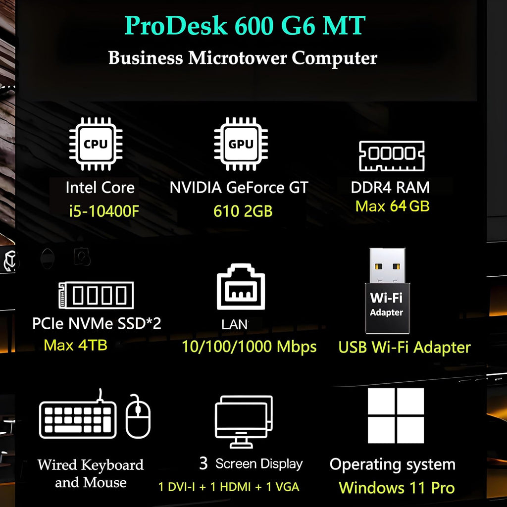 HP ProDesk 600 G6 MT Business Desktop PC Ultra-Quiet | Intel i5-10400F 6-Core (4.3GHz) | 16GB DDR4, 1TB NVMe SSD | GeForce GT 610 | WiFi Adapter | 9 USB Ports | Keyboard & Mouse | Windows 11 Pro