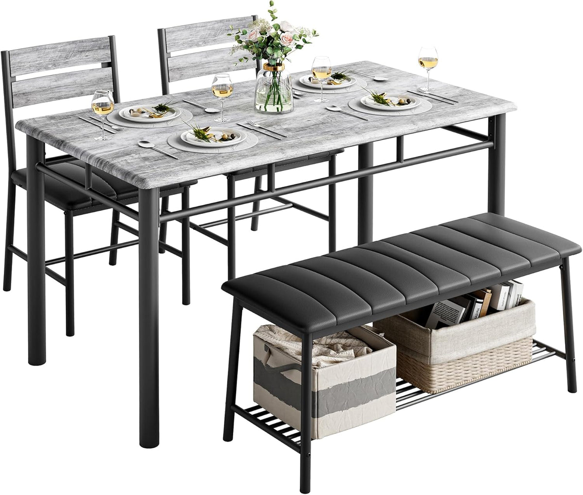 IRONCK Dining Table Set for 4, Kitchen Table with Upholstered Bench and 2 Chairs, Kitchen Table and Chairs Set for Small Space, Apartment, Gray