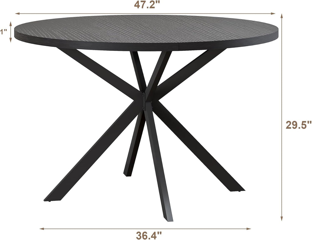 ChooChoo 47.2 Inch Round Dining Table for 4, Farmhouse Wood Kitchen Table, Circle Dinner Table for Kitchen & Dining Room, Black