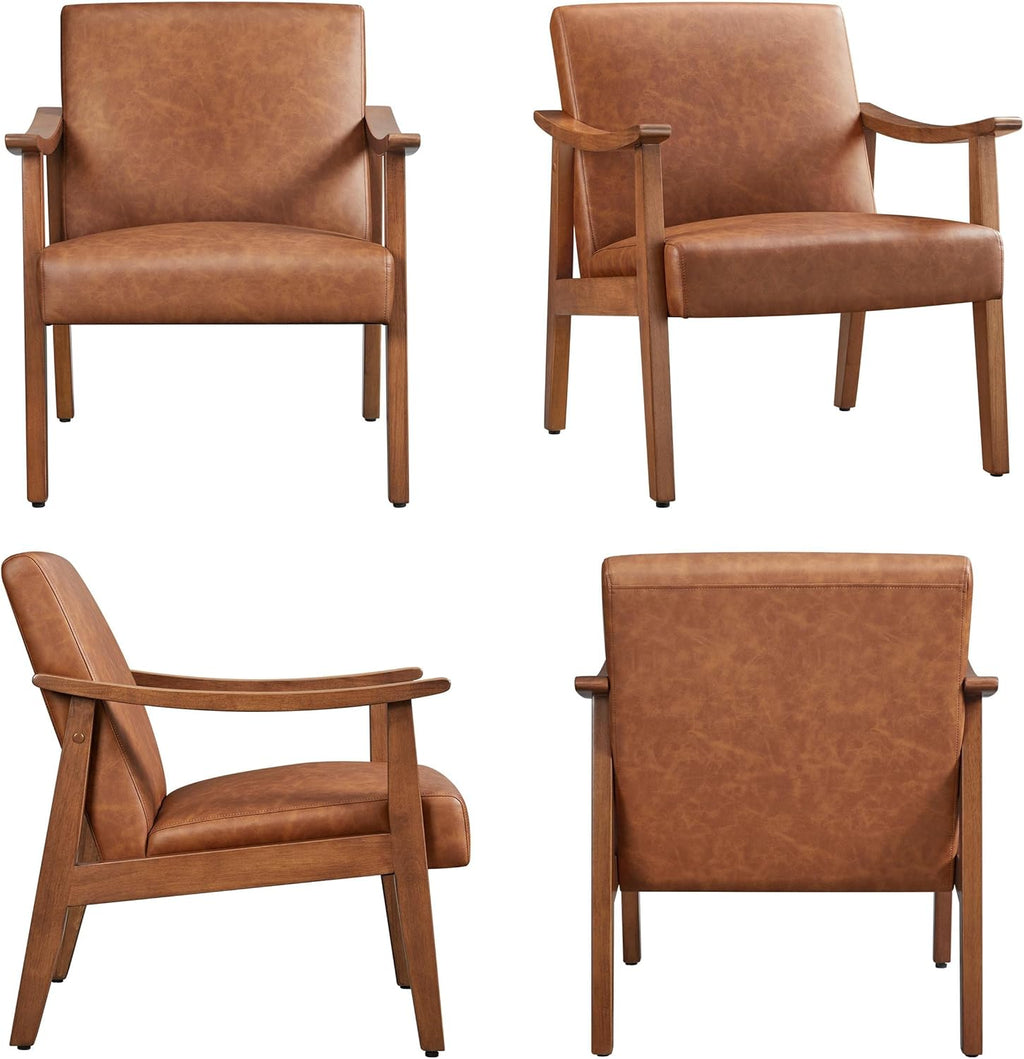 Yaheetech PU Leather Accent Chair, Mid-Century Modern Armchair with Solid Wood Legs, Reading Leisure Chair for Living Room Bedroom Waiting Room, Light Brown, Set of 2