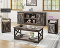 AMERLIFE 4-Piece Farmhouse Table Set Includes Sliding Barn Door TV Stand, Coffee Table& Two End Tables, Side Table with Charging Station and USB Ports, for Living Room, Dark Oak, 66"