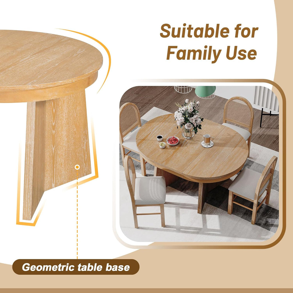 Harper & Bright Designs Farmhouse Wood Round Dining Table Set for 4, 5-Piece Extendable Kitchen Table with 4 Upholstered Chairs with Rattan Backrests for Dining Room and Kitchen (Natural Wood Wash)