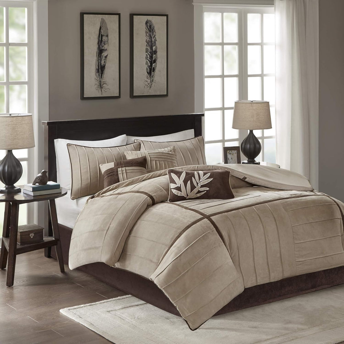 Madison Park Cozy Comforter Set Casual Blocks Design All Season, Matching Bed Skirt, Decorative Pillows, Queen(90"x90"), Dune Suede, Beige Brown, 7 Piece