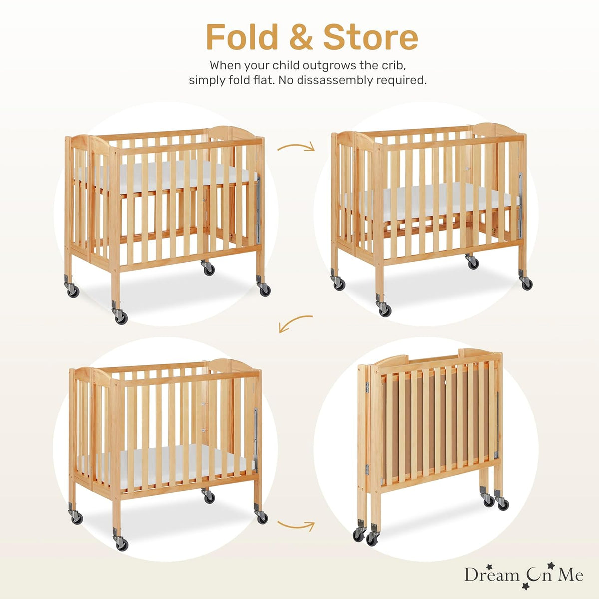 Dream On Me 3-in-1 Portable Mini Baby Crib in Natural, GreenGuard Gold & JPMA, Birchwood, Quick Fold Patent, Playpen or Changer, Storage or Travel, Heavy Duty Steel Castors, 3 Heights, 1″ Mattress Pad