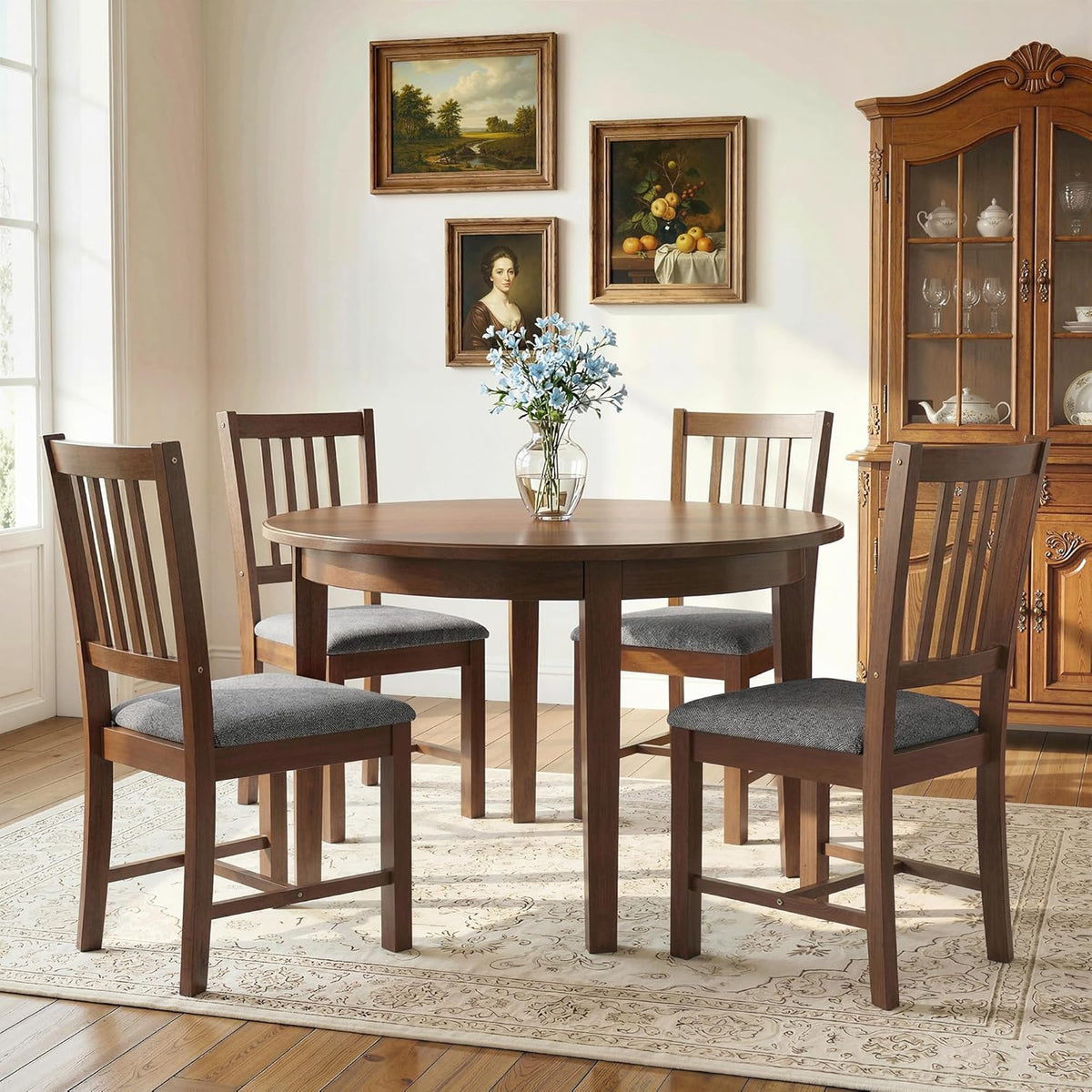 HOMCOM Wooden Dining Chairs Set of 4, Mid-Century Modern Upholstered Kitchen Chairs with Slat Backrest, Rubberwood Legs and Padded Seat for Dining Room, Living Room, Farmhouse Walnut