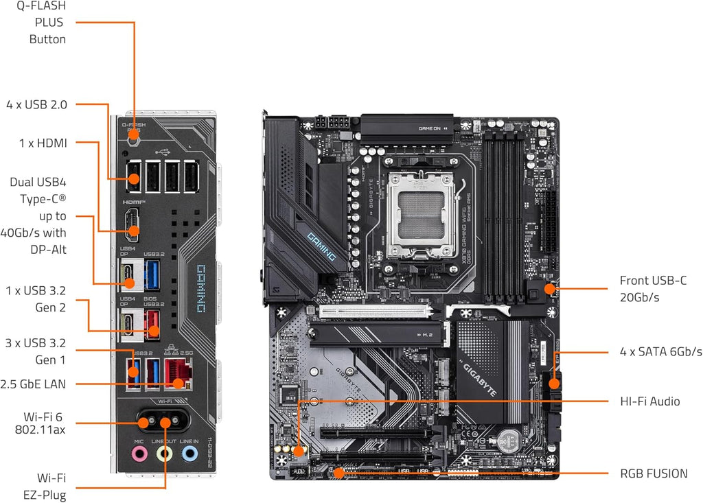 GIGABYTE X870 Gaming WIFI6 AMD AM5 LGA 1718 Motherboard, ATX, DDR5, 3X M.2, PCIe 5.0, USB4, WiFi 6, 2.5GbE LAN, EZ-Latch, 5-Year Warranty