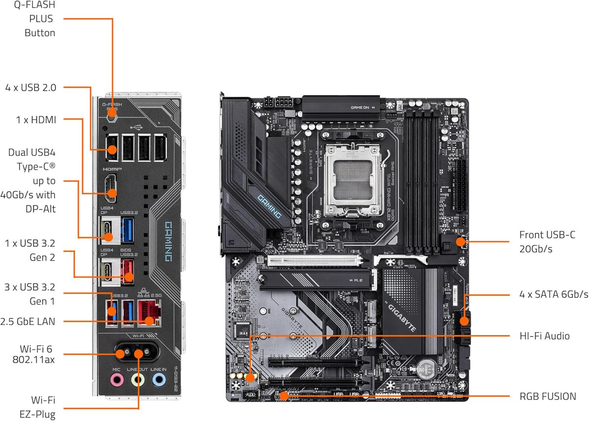 GIGABYTE X870 Gaming WIFI6 AMD AM5 LGA 1718 Motherboard, ATX, DDR5, 3X M.2, PCIe 5.0, USB4, WiFi 6, 2.5GbE LAN, EZ-Latch, 5-Year Warranty
