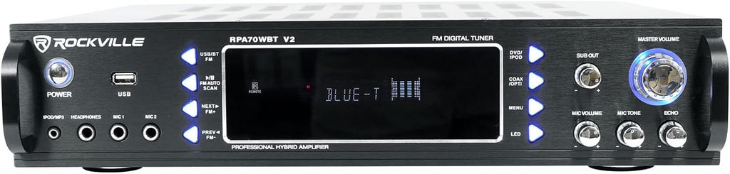 Rockville RPA70WBT V2 1000W 2-Channel USB Bluetooth Karaoke Amplifier/Mixer with (2) Wireless Mics, Optical/Coaxial/RCA Inputs, Echo Control, for Home Karaoke & Parties