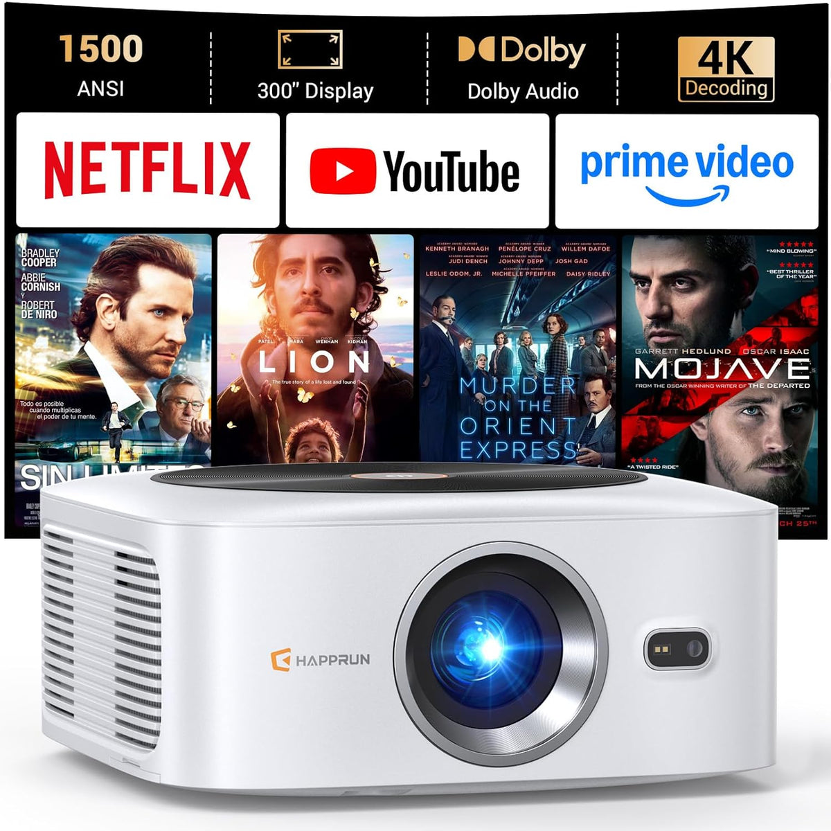 HAPPRUN 1500 ANSI Lumens Outdoor Projector with Built-in Streaming Apps, 4K Decoding Resolution, Auto Focus, Dolby Audio, Smart Projector with WiFi 6 and Bluetooth 5.2, Indoor Home Theater