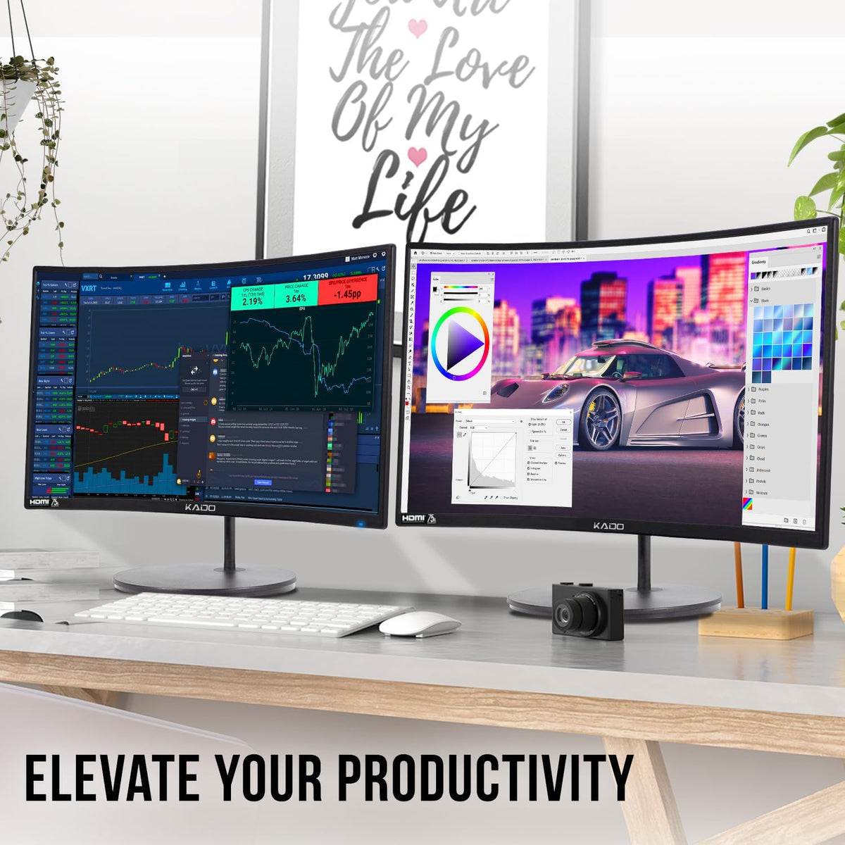 Kado Dual Monitor Setup - 2-Pack 24" Curved 1500R 1920x1080 Computer Monitor 75Hz VESA Mount HDMI Office Gaming Built-in Speakers (C24 Dual Series)