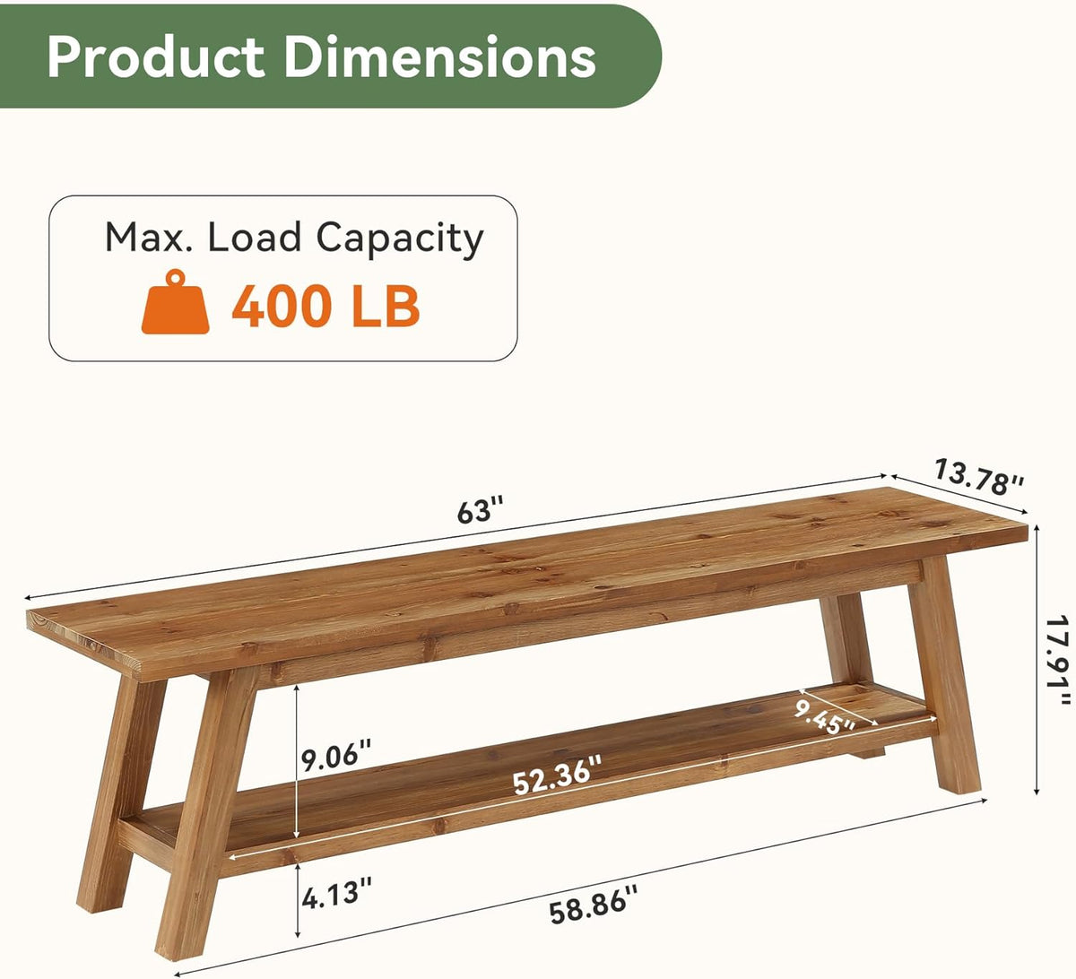 63” Wood Dining Room Bench, Farmhouse Kitchen Bench with Storage Shelf, Solid Wood Rusit Backless Bench for Dining Table, Extra Long Seating for Kitchen Room