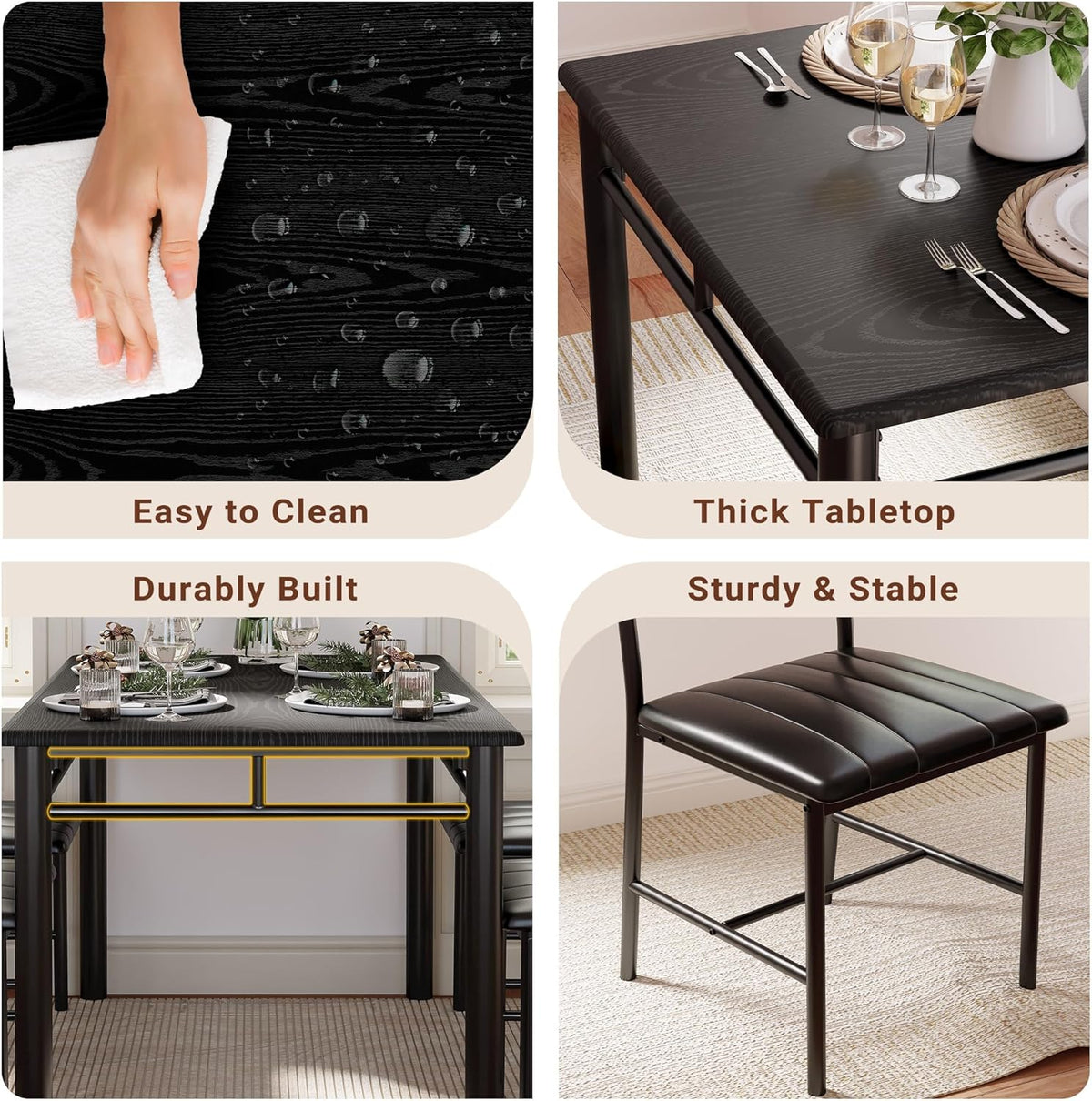 IRONCK Dining Table Set for 4, Wood Kitchen Table with Upholstered Chairs for Kitchen & Dining Room, Compact Dining Set for Small Spaces, Black