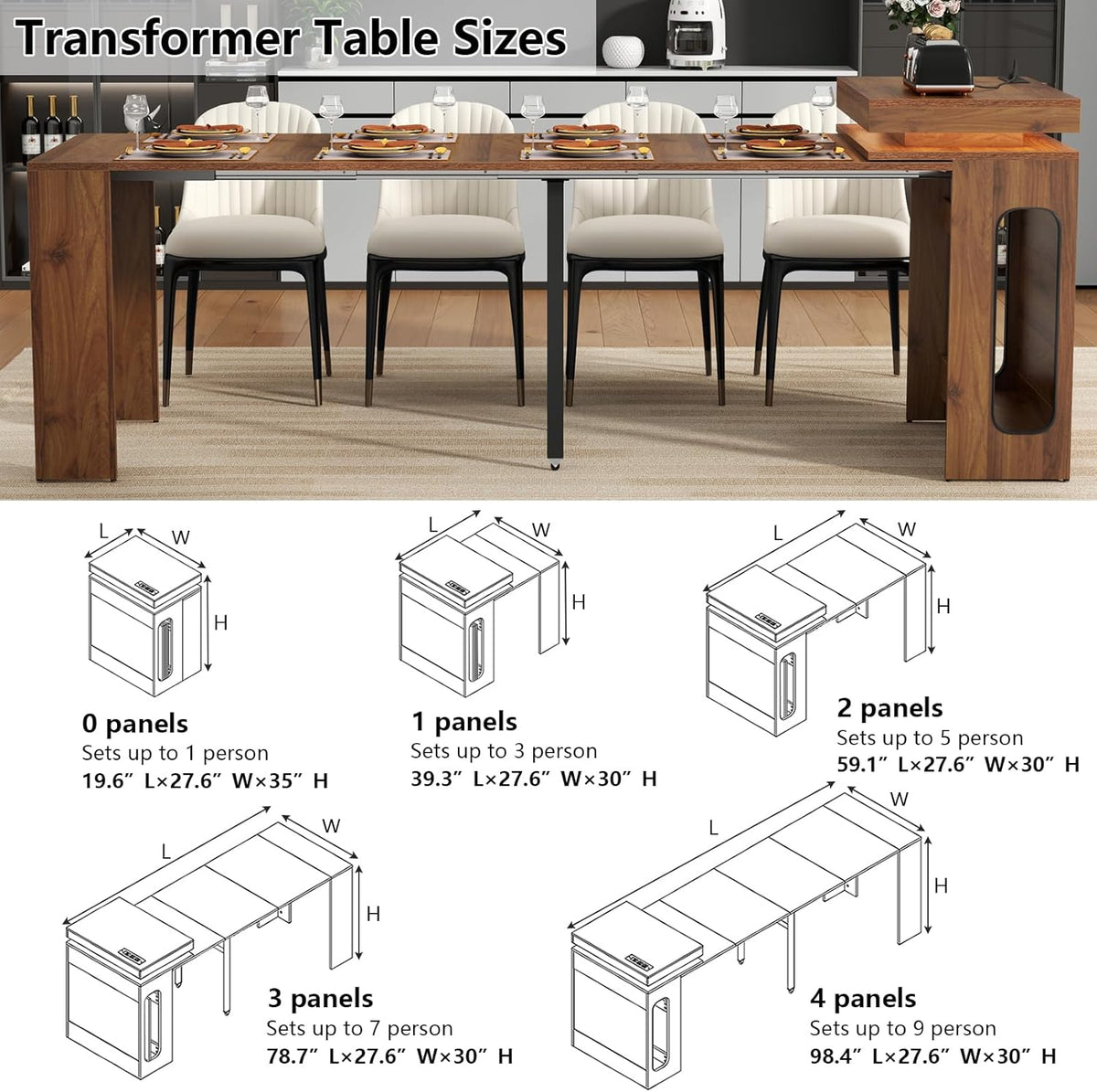 Extendable Dining Table with Charging Station, Convertible Folding Console Table for 6-8 People, Space-Saving Dining Table with LED Lights, Wood Rectangle Kitchen Table for Homes, Walnut (No Chairs)