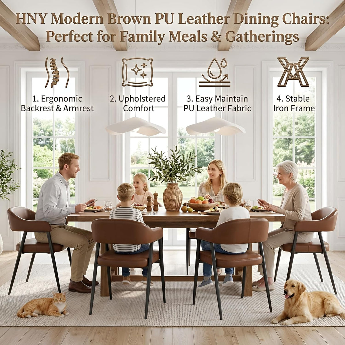HNY Modern Dining Room Arm Chairs Set of 6, Retro Faux Leather Upholstered Barrel Dining Chairs with Arms Mid-Century Brown Accent Chair with Metal Legs, Open-Back Kitchen Side Chair for Living Room