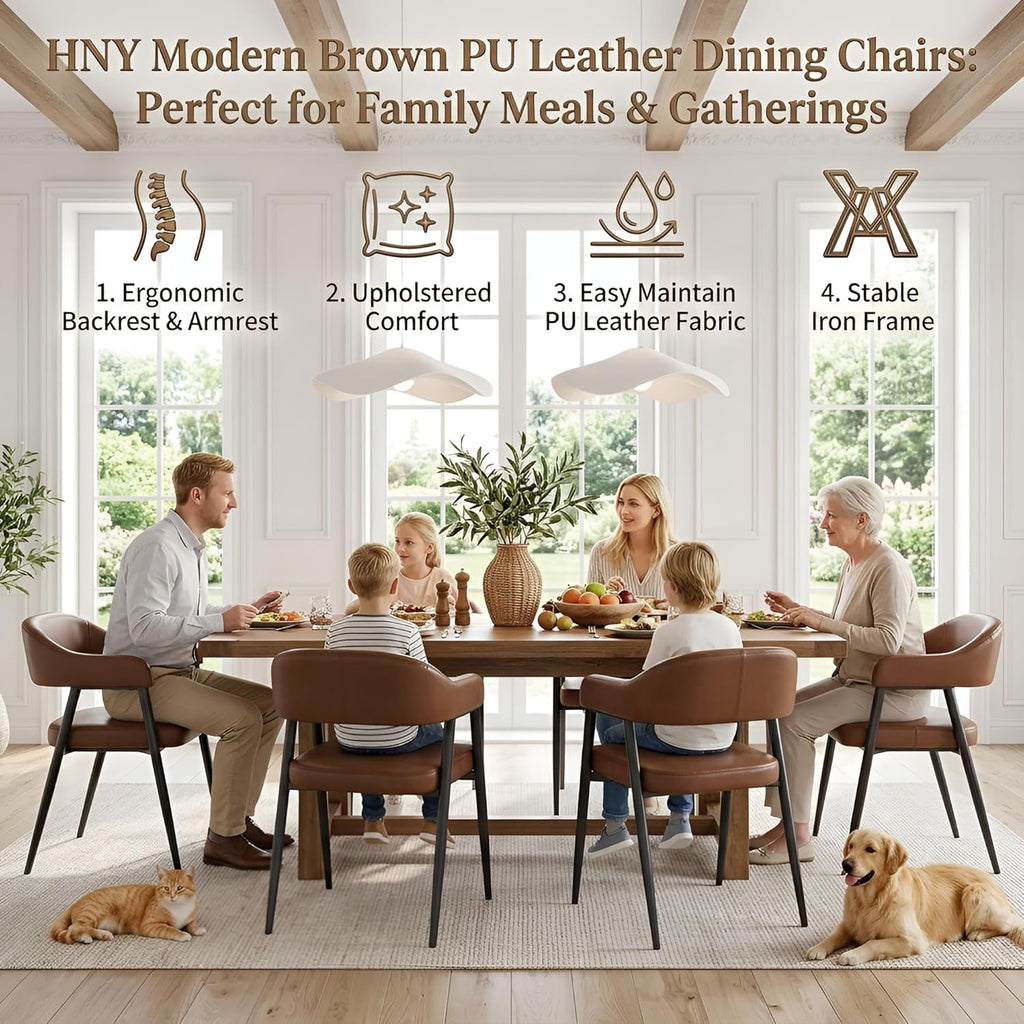 HNY Modern Dining Room Arm Chairs Set of 6, Retro Faux Leather Upholstered Barrel Dining Chairs with Arms Mid-Century Brown Accent Chair with Metal Legs, Open-Back Kitchen Side Chair for Living Room