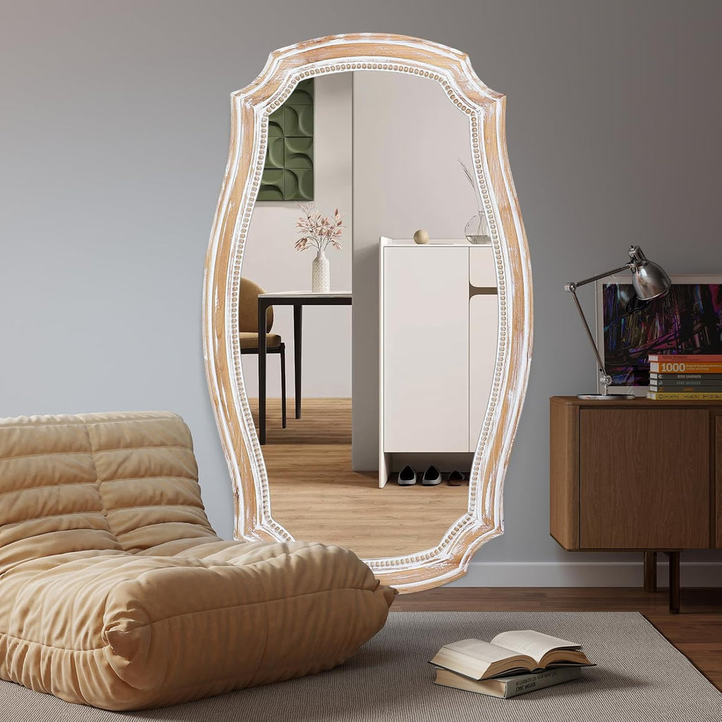 HOITUZYUS 36x24 Inches Rustic Scalloped Wall Mirror, Baroque Curved with Beaded, Distressed Wooden Decorative Mirros for Bathroom, Living Room, Bedroom, Entryway - Horizontal or Vertical