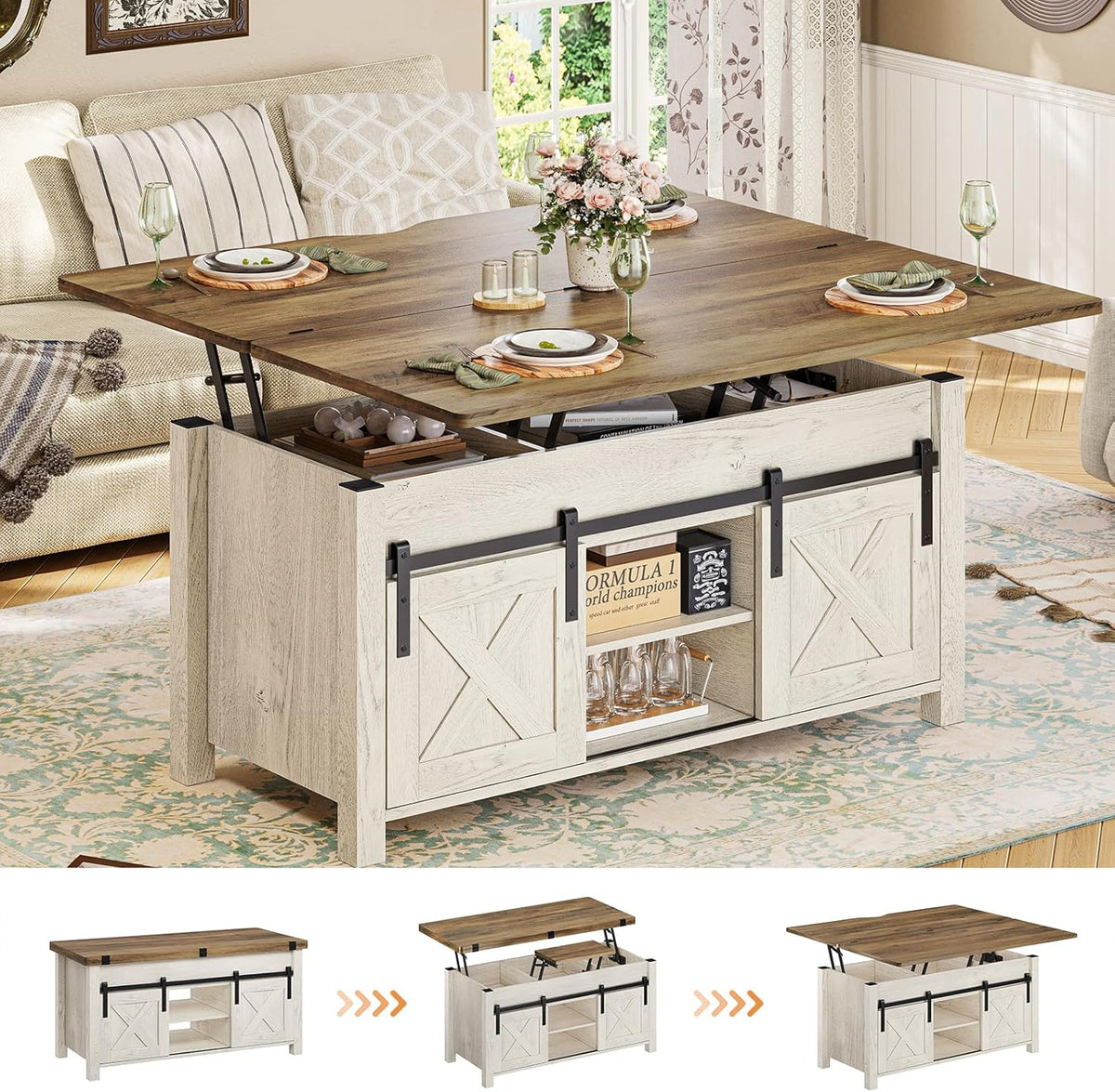 SEDETA Lift Top Coffee Table, 4 in 1 Multi-Function Convertible Coffee Tables with Storage and Hidden Compartment, Farmhouse Coffee Table Converts to Dining Table for Living Room, Brown Top