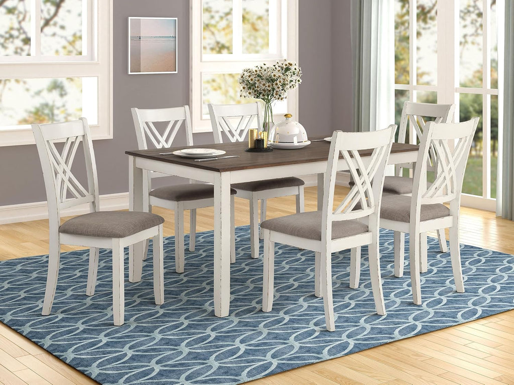 Coaster Home Furnishings - Fortress - Wood - 7-Piece Rectangular Dining Table Set – Farmhouse Style with Double-Cross Back Armless Side Chairs - Dining Room - Vintage White, Chestnut Brown - 190721