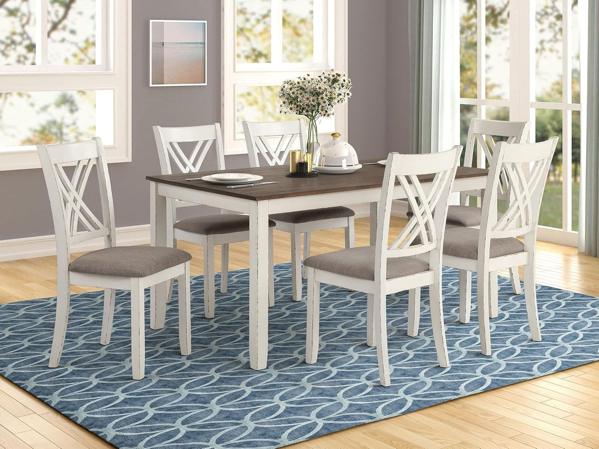 Coaster Home Furnishings - Fortress - Wood - 7-Piece Rectangular Dining Table Set – Farmhouse Style with Double-Cross Back Armless Side Chairs - Dining Room - Vintage White, Chestnut Brown - 190721