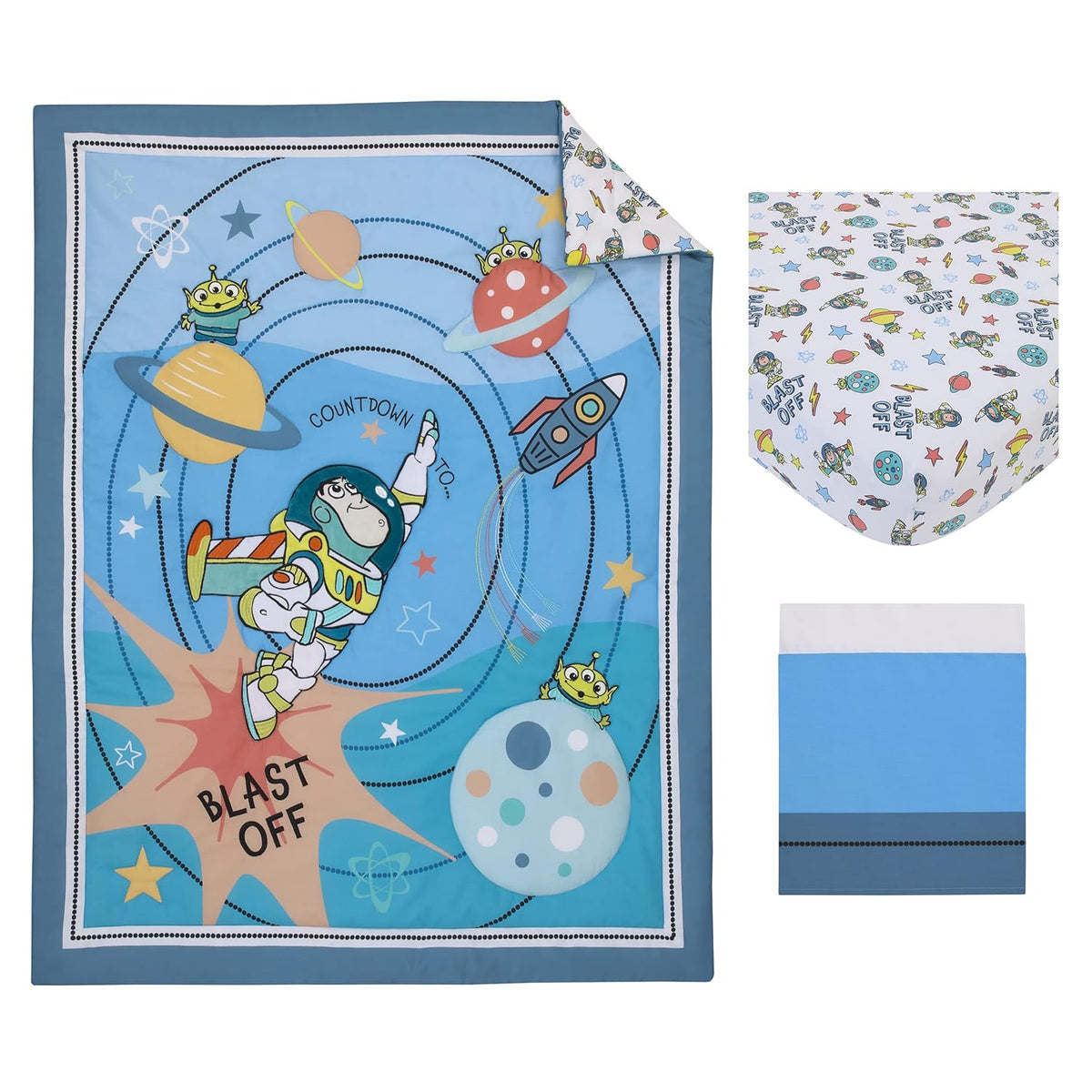 NoJo Disney Toy Story Buzz Lightyear Blue, Orange, and Yellow Countdown to Blast-Off 3 Piece Nursery Crib Bedding Set - Comforter, 100% Cotton Fitted Crib Sheet and Crib Skirt