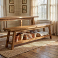 63” Wood Dining Room Bench, Farmhouse Kitchen Bench with Storage Shelf, Solid Wood Rusit Backless Bench for Dining Table, Extra Long Seating for Kitchen Room