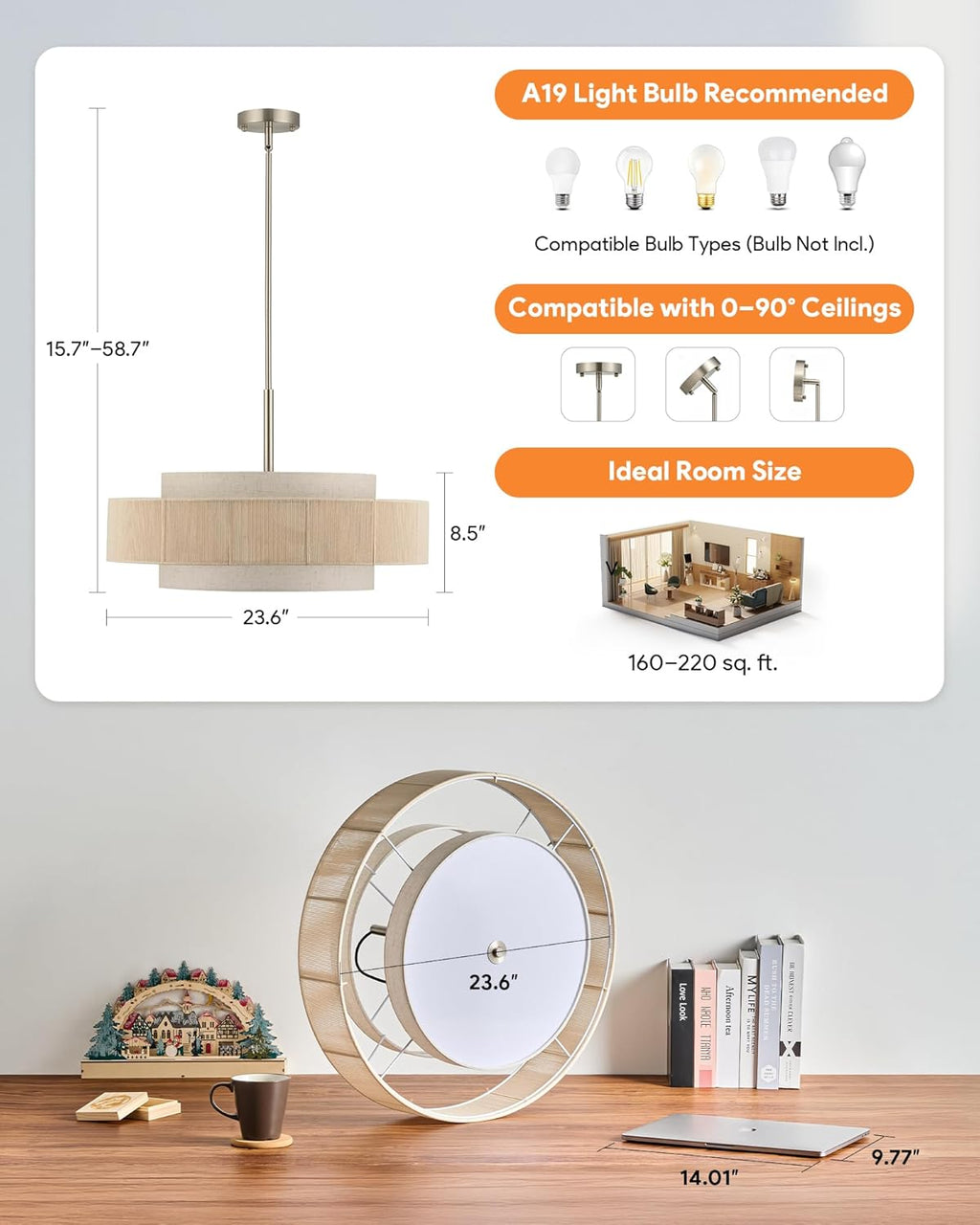 VONLUCE 23.6" Boho Rattan Chandelier, 6-Light Drum Chandelier with 3-Tier Woven Lampshade, Rattan Ceiling Light for Dining Room Bedroom Living Room with E26 Sockets, Nickel Finish, ETL Certified