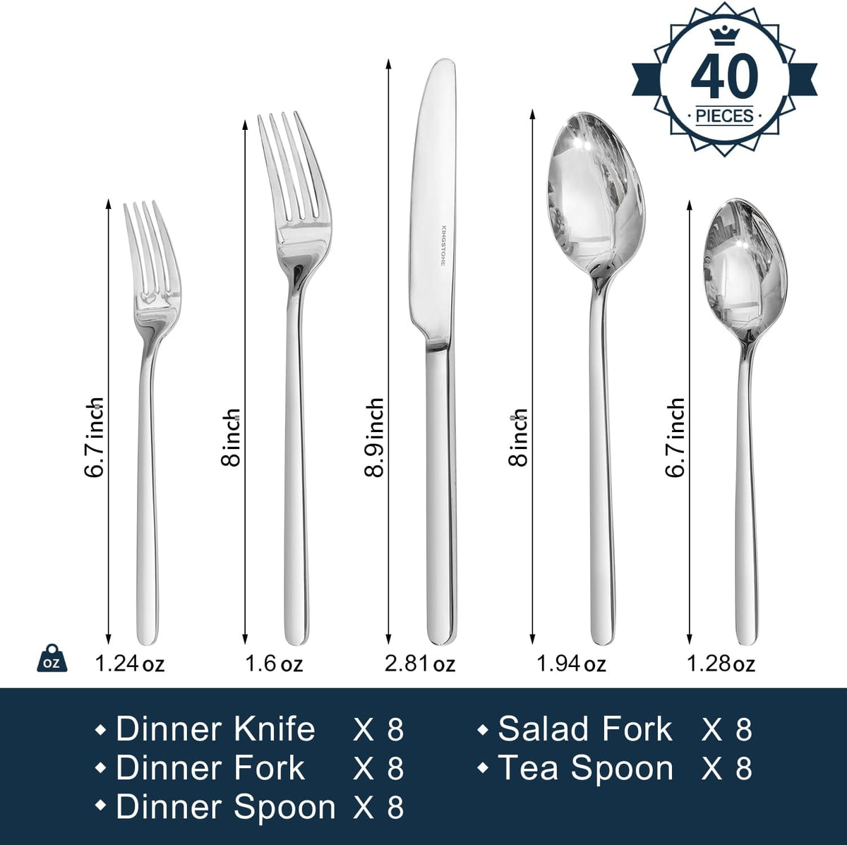 KINGSTONE 24-Piece Bone China Dinnerware Set with 40-Piece flatware, Ivory White Lightweight Porcelain Service for 8, for Family Dining, Restaurants, Gifting, Microwave and Dishwasher Safe