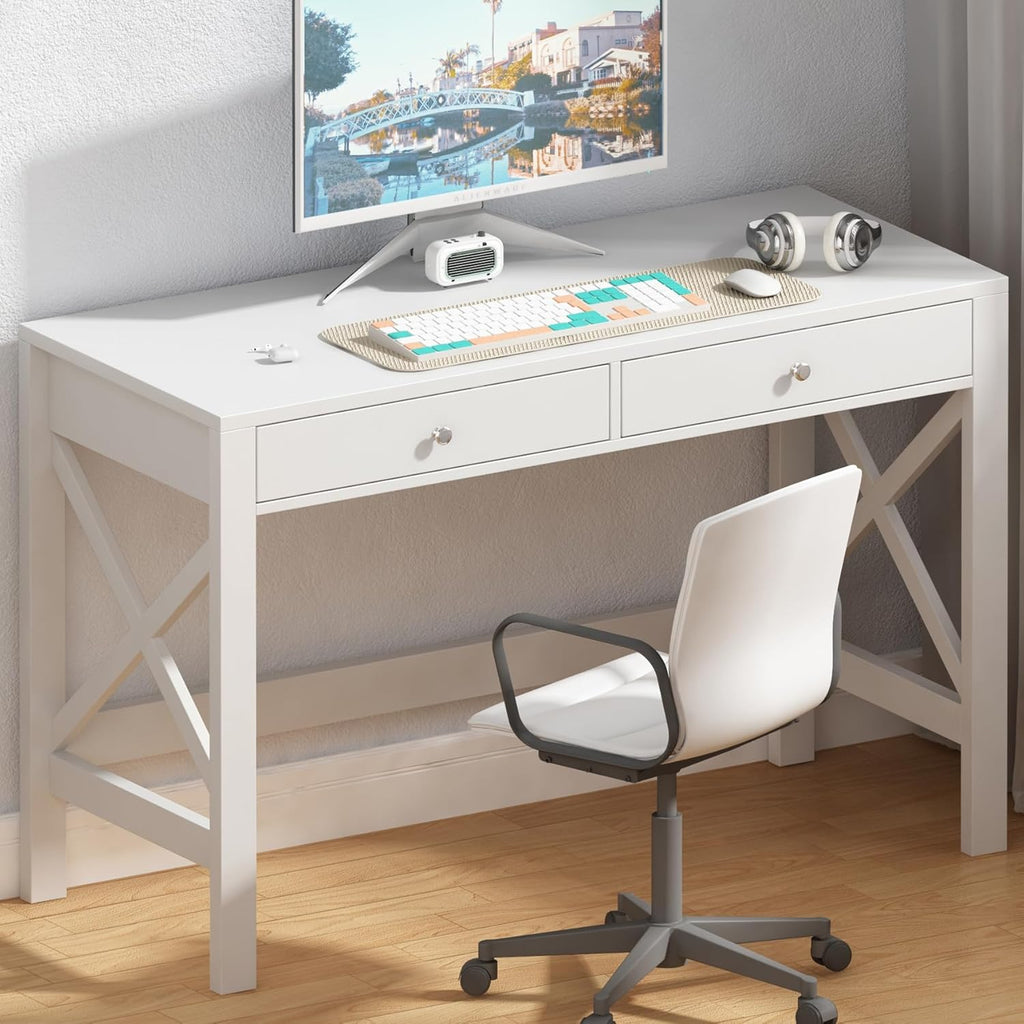 ChooChoo Computer Desk Study for Home Office, Modern Simple 40 Inches Desk with Drawers, Makeup Vanity Console Table, White