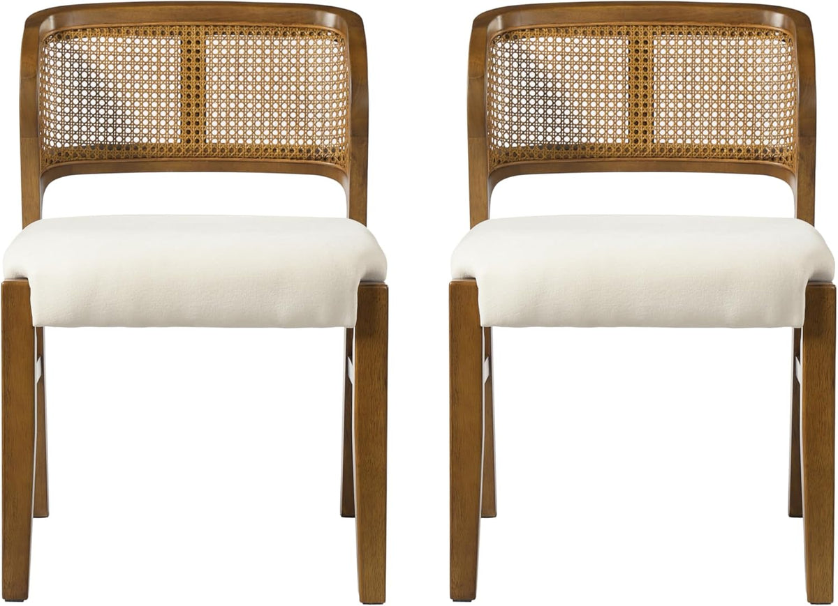 Christopher Knight Home Cayde Upholstered Dining Chairs Set of 2, Kitchen Side Chair with Cane Backrest, Rubberwood Dining Room Chair, Extra Seat for Living Room, Walnut+Beige