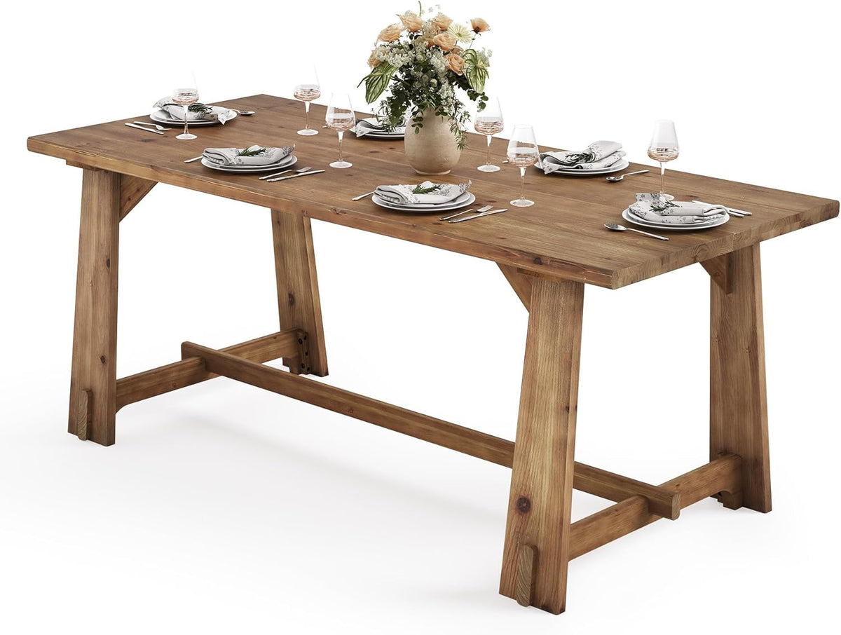 LITTLE TREE Solid Wood Dining Table for 6, 63-Inch Rustic Dining Room Tables, Wood Rectangular Kitchen Dinner Table for 4, Farmhouse Brown