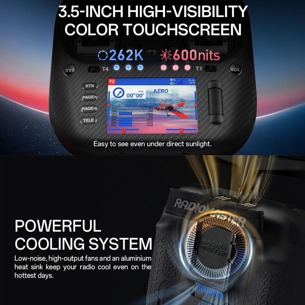 Radiomaster TX15 Max 3.5inch IPS Touchscreen Radio Controller ExpressLRS with AG02 CNC Hall Gimbal Built-in Gyro Microphone (Black FCC Mode2 with 5000Mah)