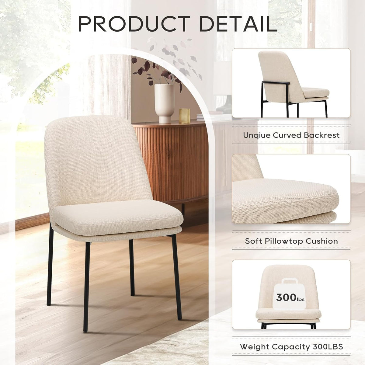 COLAMY Dining Chairs Set of 4, Modern Dining Chairs, Fabric Upholstered Dining Chairs, Kitchen Chairs with Curved Back and Metal Legs for Dining Room Kitchen Restaurant, Beige