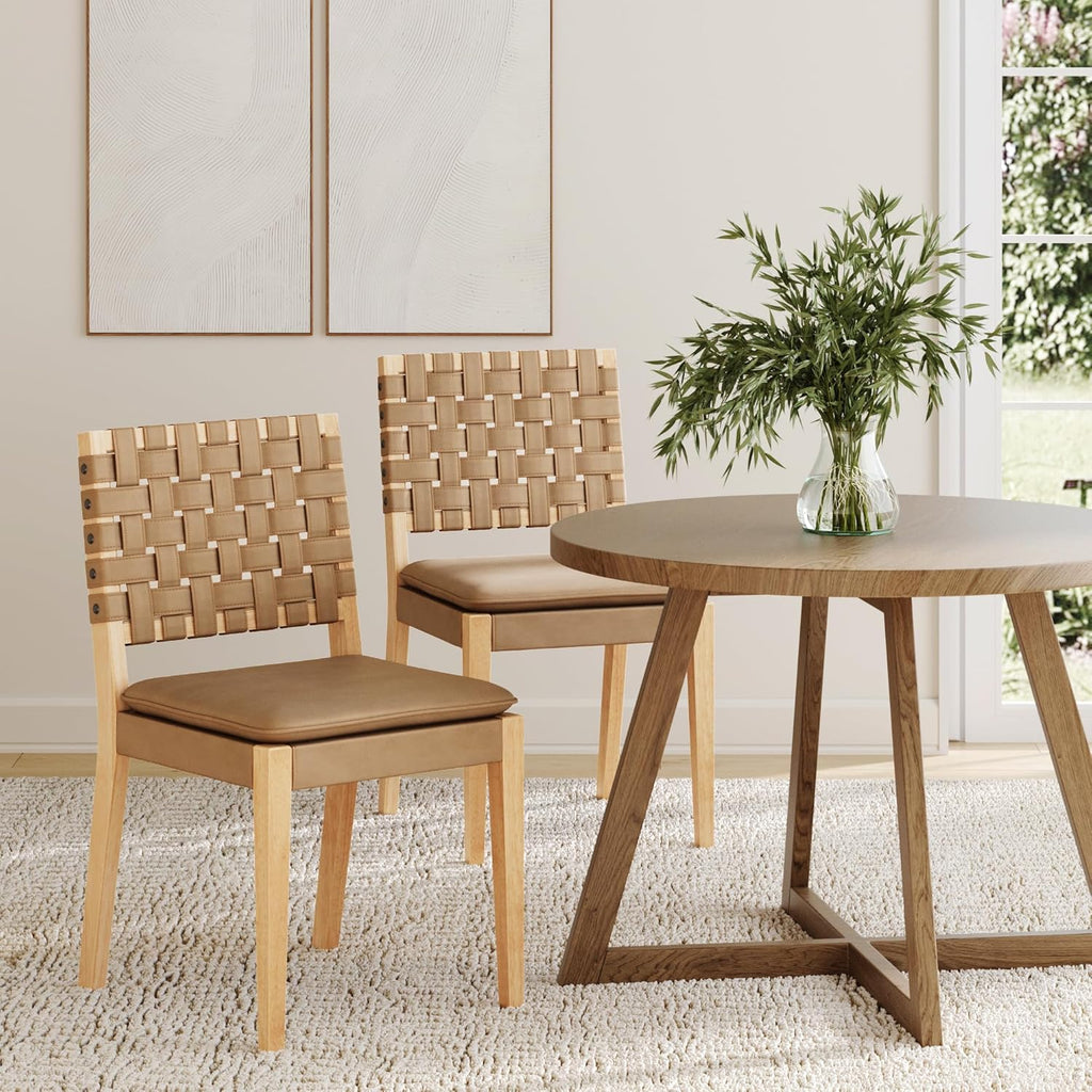 Nathan James Cohen Wood Dining Chair, Mid-Century Modern Upholstered Side Chair with Hand Woven Faux Leather Backrest, Natural Brown, Set of 2