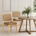 Nathan James Cohen Wood Dining Chair, Mid-Century Modern Upholstered Side Chair with Hand Woven Faux Leather Backrest, Natural Brown, Set of 2