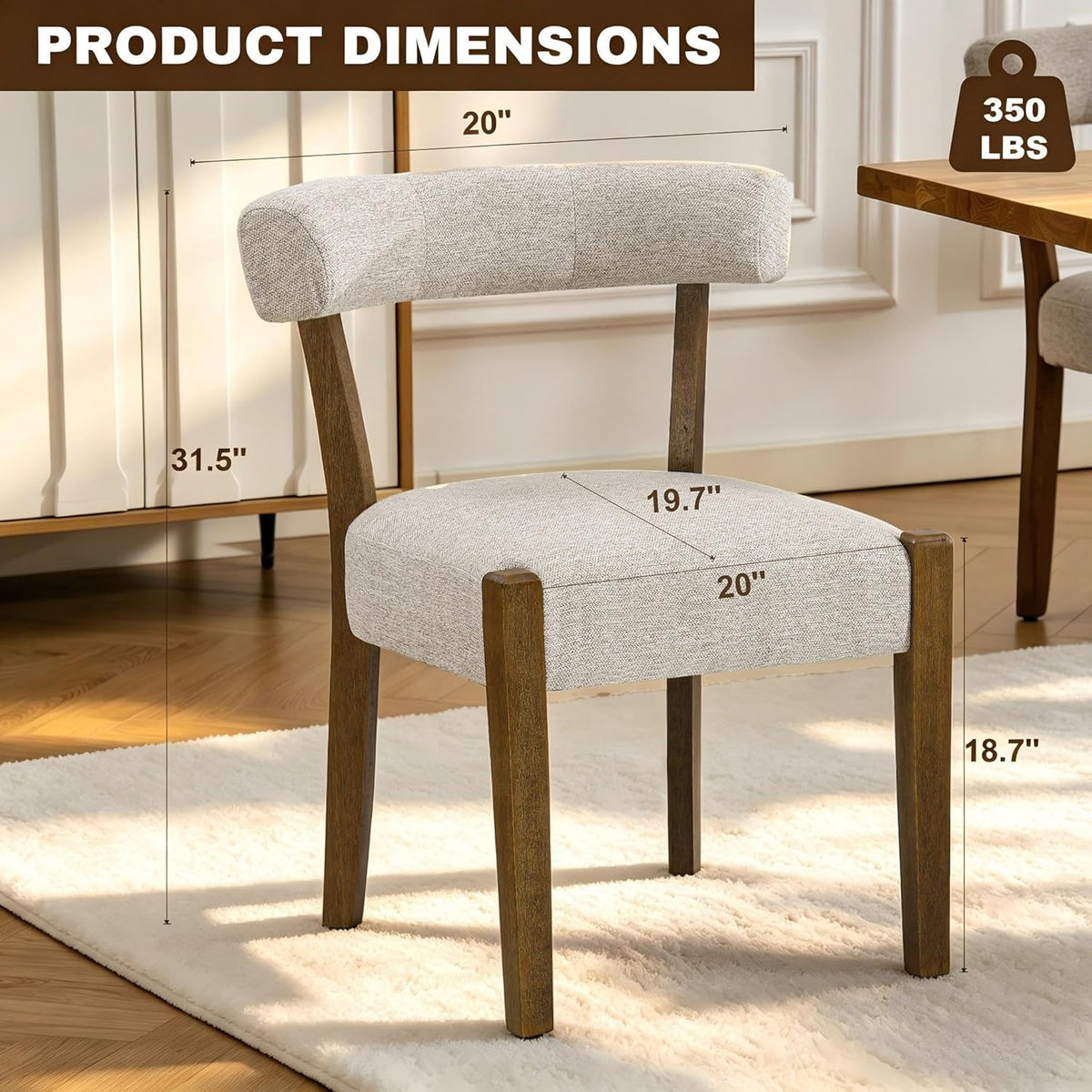 RNKSFX Modern Dining Chairs Set of 8, Walnut Upholstered Kitchen & Dining Room Chairs, Mid Century Modern Wooden Dining Chairs Oversized Sturdy Rounded Chairs Curved Back, Beige Fabric